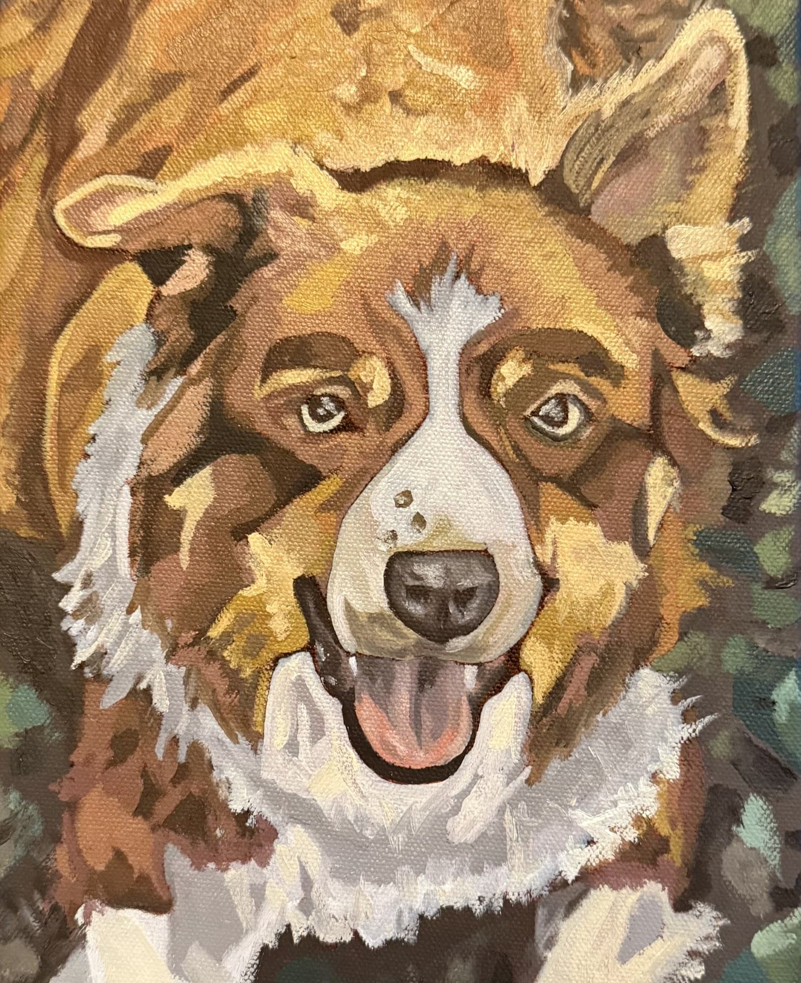 Painterly oil portrait of Belle, a golden-brown collie with a white blaze, tongue out, against a multi-coloured background
