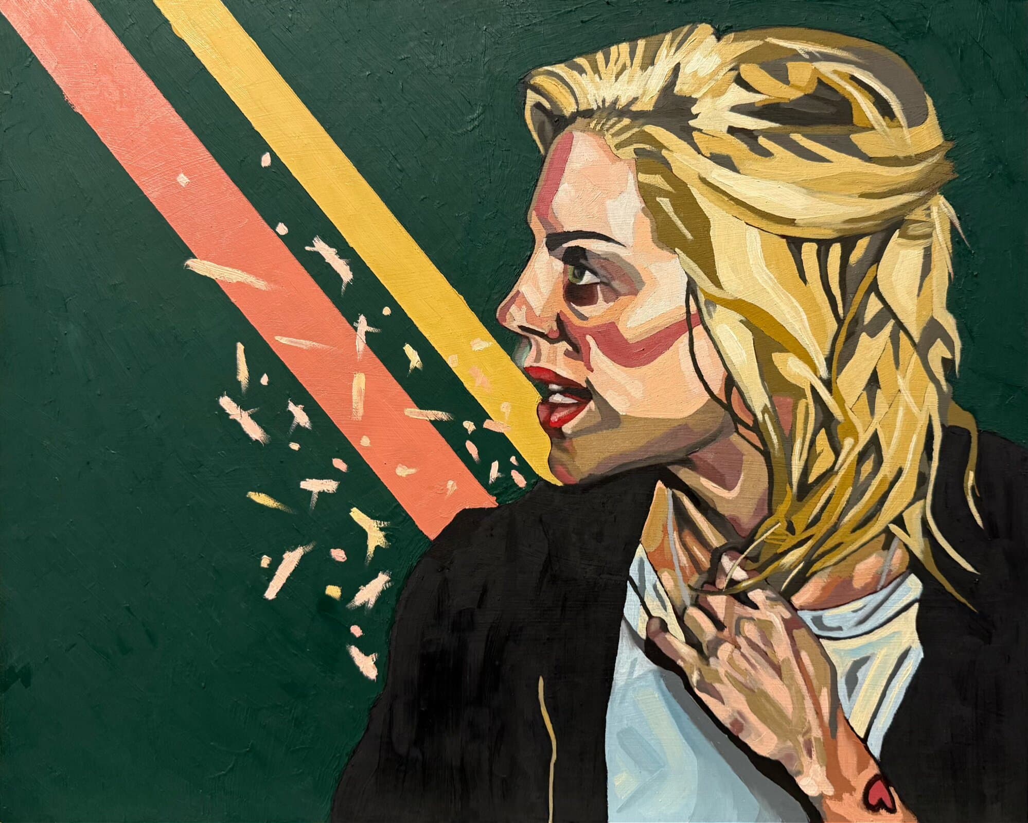 Side-profile oil portrait of Brody Dalle on a green background