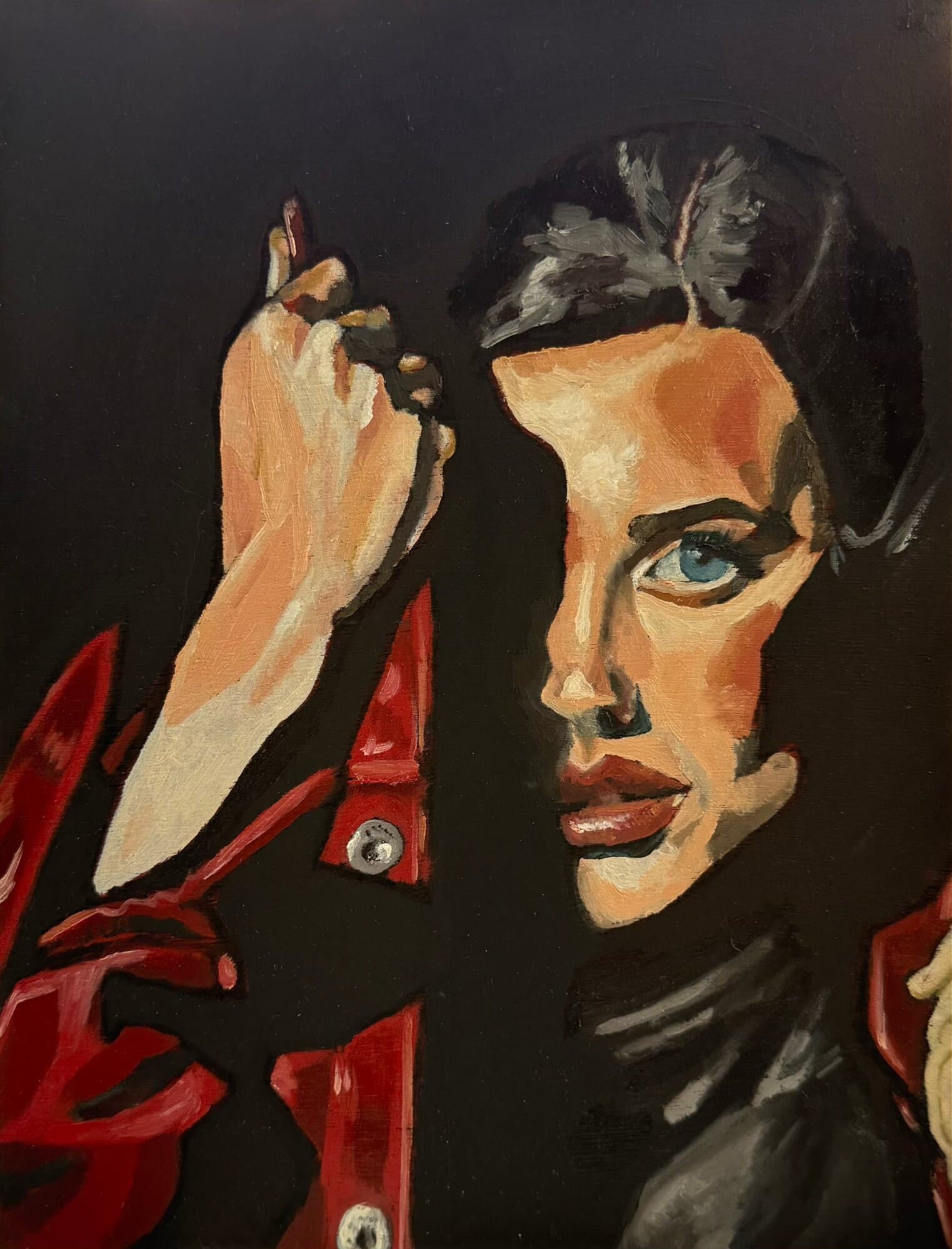 Oil portrait of Clara in a red jacket against a black background