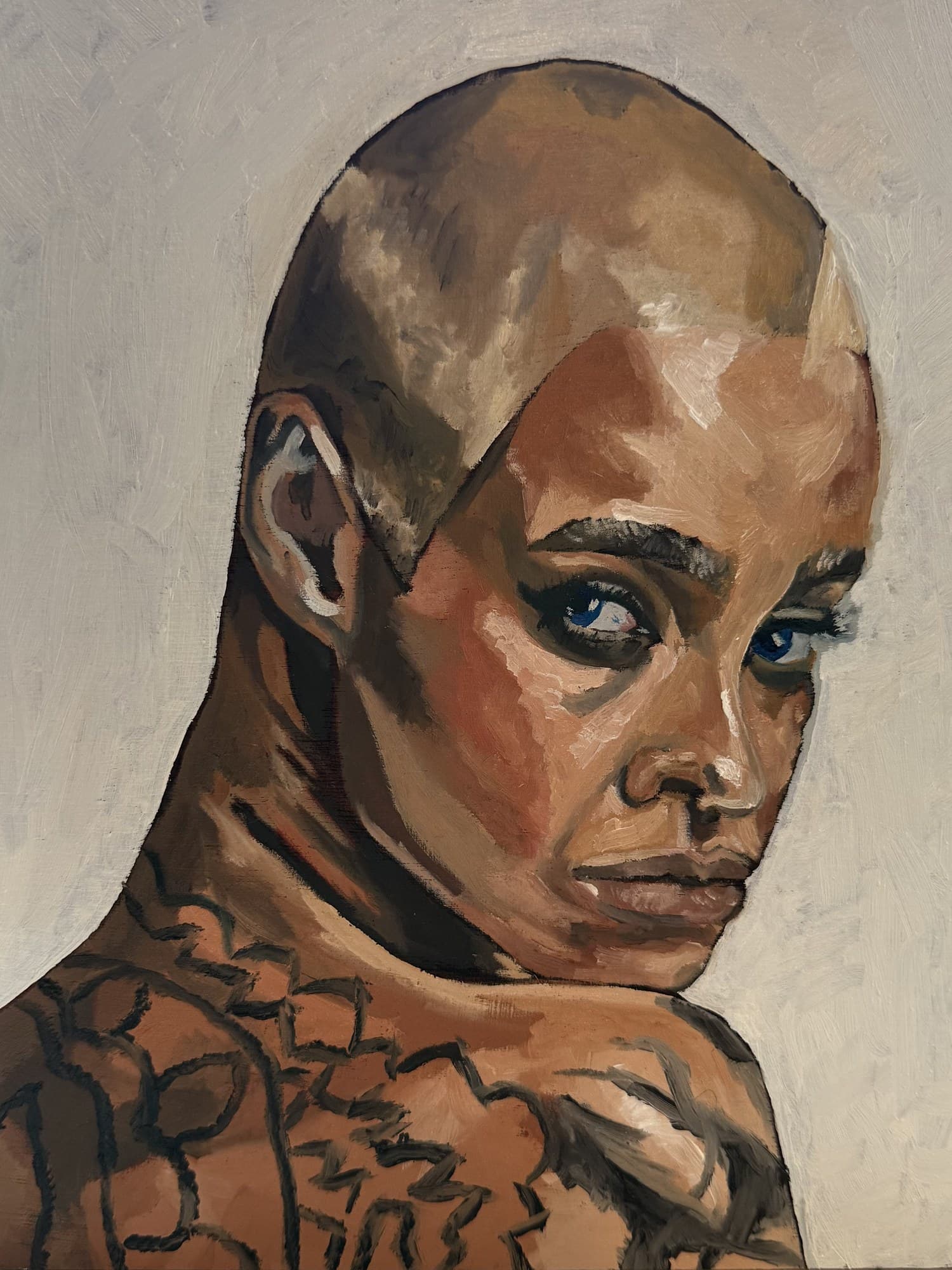 Oil portrait — bald-headed figure with intense blue eyes and dark linework on the shoulders, set against a soft white background