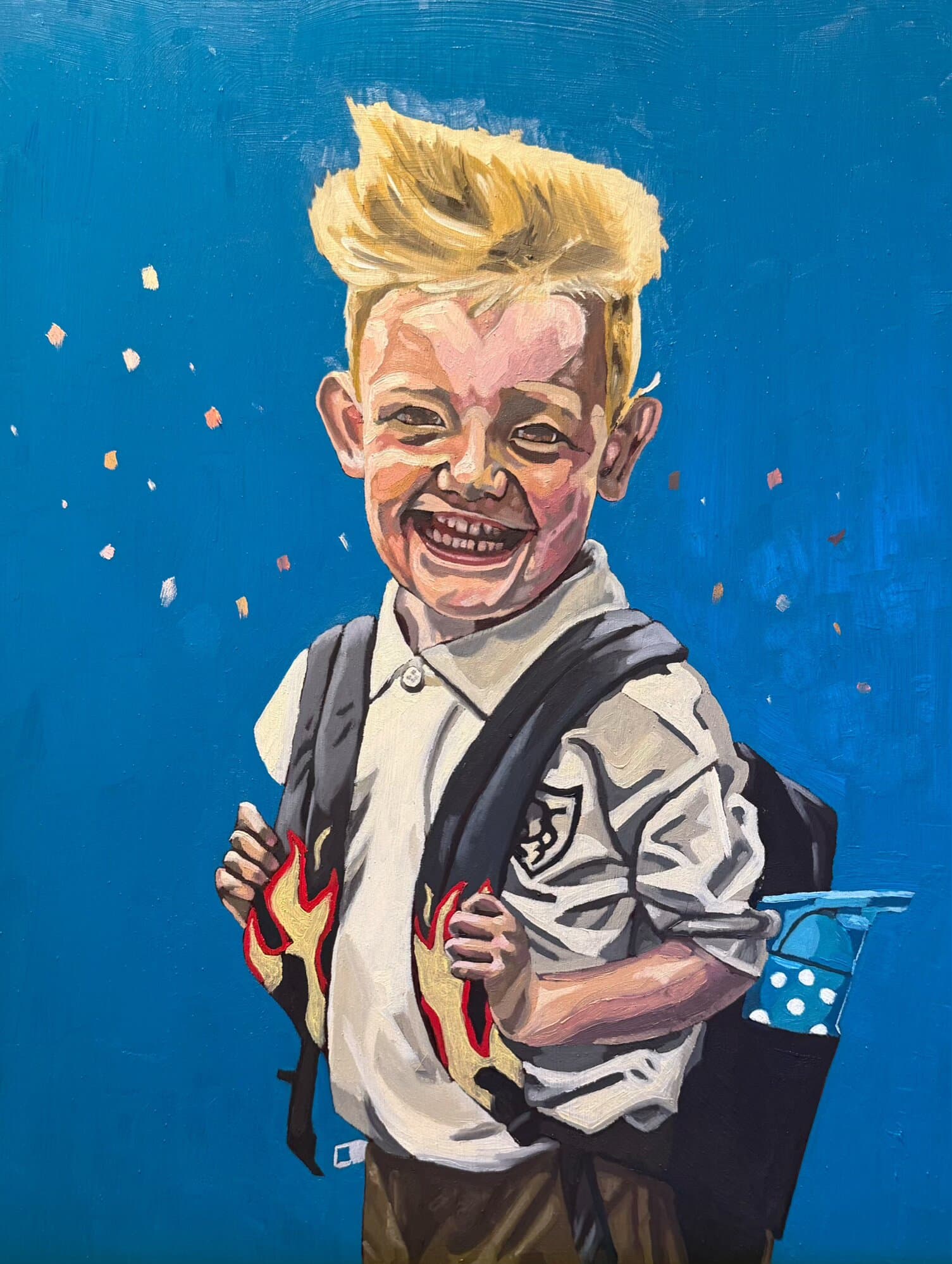 Oil portrait of a smiling boy in a white shirt with flame-decal braces on a blue background